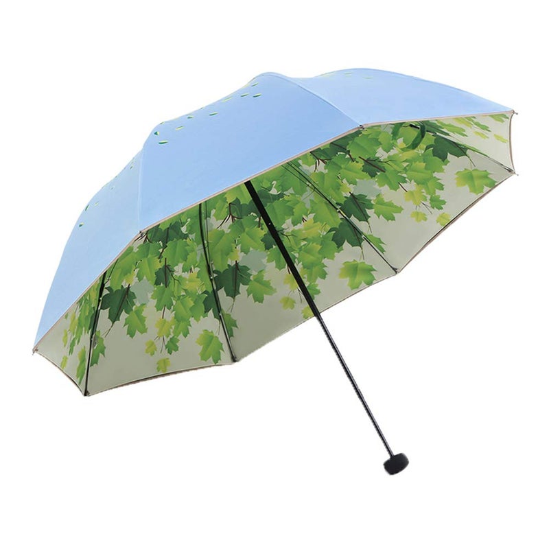 SudaTek Green Leaf Tree Folding Travel Sun Umbrella Sunblock UV Protection UPF 50+ Rain Resistant Compact Size Parasol Fold into Purse (Blue) - Image 1